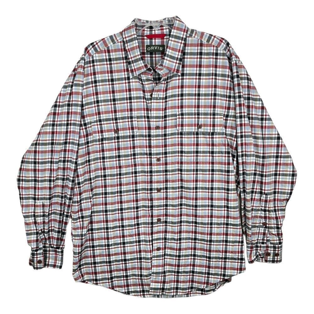 Orvis Red  Gray Plaid Quail Game Bird Long Sleeve Button Up Size Large